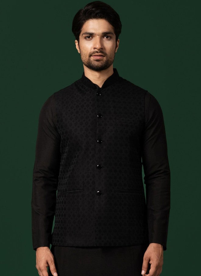 KISAH Black Woven Design Nehru Jacket - Image 2