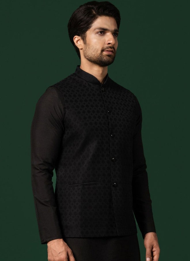 KISAH Black Woven Design Nehru Jacket - Image 5