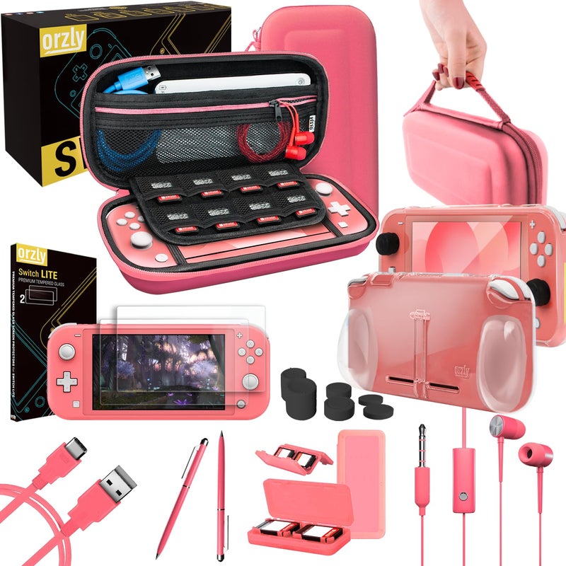 Orzly Accessories Bundle Compatible for use with Nintendo Switch Lite - Protective Case & Screen Protector, USB Cable, Games Holder, Grip Case, Headphones, Thumb-Grip Pack & More (Coral) - Image 1