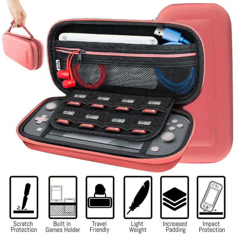 Orzly Accessories Bundle Compatible for use with Nintendo Switch Lite - Protective Case & Screen Protector, USB Cable, Games Holder, Grip Case, Headphones, Thumb-Grip Pack & More (Coral) - Image 4