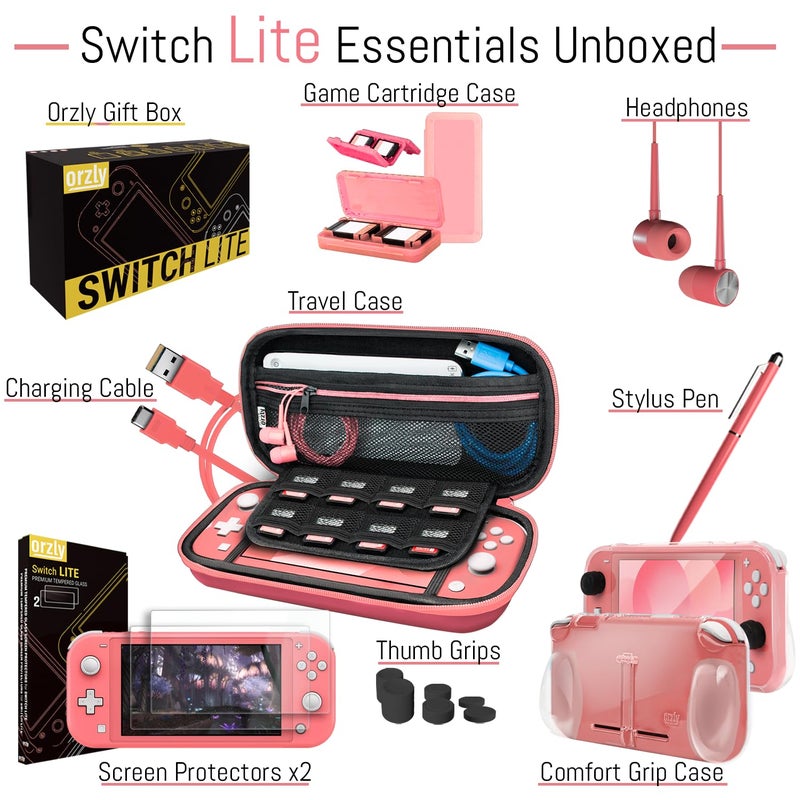 Orzly Accessories Bundle Compatible for use with Nintendo Switch Lite - Protective Case & Screen Protector, USB Cable, Games Holder, Grip Case, Headphones, Thumb-Grip Pack & More (Coral) - Image 3