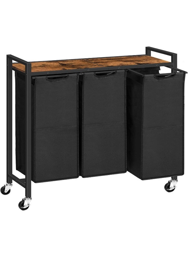 Hoobro  Laundry Sorter 3 Section, Laundry Hamper With Wheels, 3 × 11.5 Gal (43.6L), Rolling Laundry Basket, Pull-Out And Removable Oxford Fabric Laundry Bags, Rustic Brown And Black  - Image 2