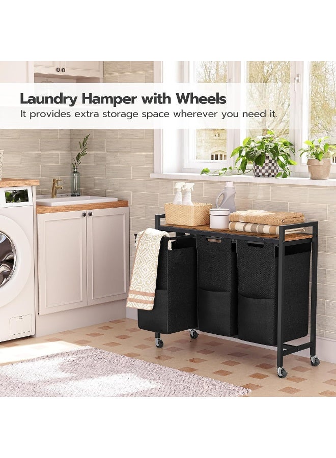 Hoobro  Laundry Sorter 3 Section, Laundry Hamper With Wheels, 3 × 11.5 Gal (43.6L), Rolling Laundry Basket, Pull-Out And Removable Oxford Fabric Laundry Bags, Rustic Brown And Black  - Image 3