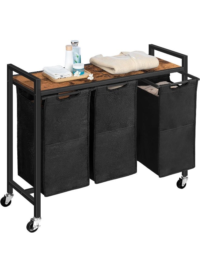 Hoobro  Laundry Sorter 3 Section, Laundry Hamper With Wheels, 3 × 11.5 Gal (43.6L), Rolling Laundry Basket, Pull-Out And Removable Oxford Fabric Laundry Bags, Rustic Brown And Black  - Image 1