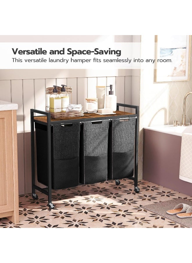 Hoobro  Laundry Sorter 3 Section, Laundry Hamper With Wheels, 3 × 11.5 Gal (43.6L), Rolling Laundry Basket, Pull-Out And Removable Oxford Fabric Laundry Bags, Rustic Brown And Black  - Image 5