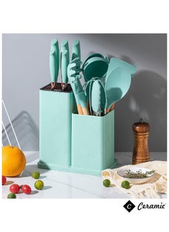 CERAMIC Kitchen Utensils Set of 19 Silicone Cooking Utensils with Holder Non stick Cookware Friendly And Heat Resistant Light Green  - Image 3