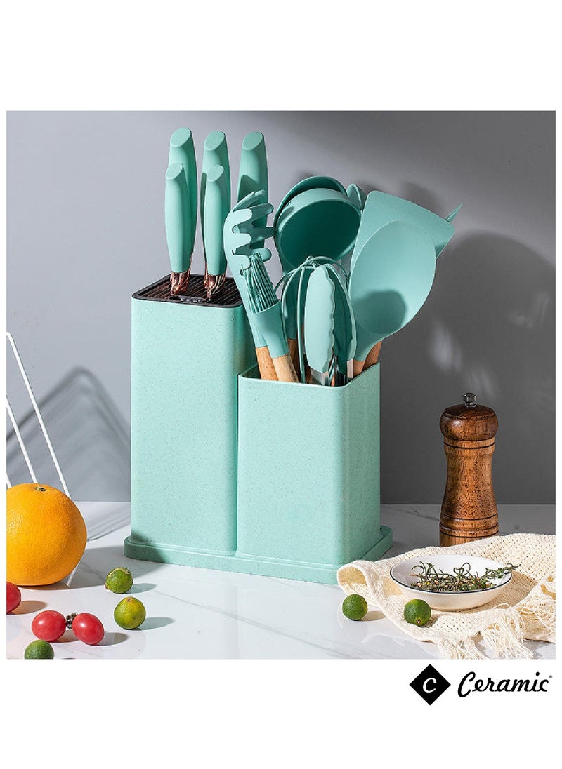 CERAMIC - Kitchen Utensils Set of 19 Silicone Cooking Utensils with Holder Non stick Cookware Friendly And Heat Resistant Light Green - Image 1