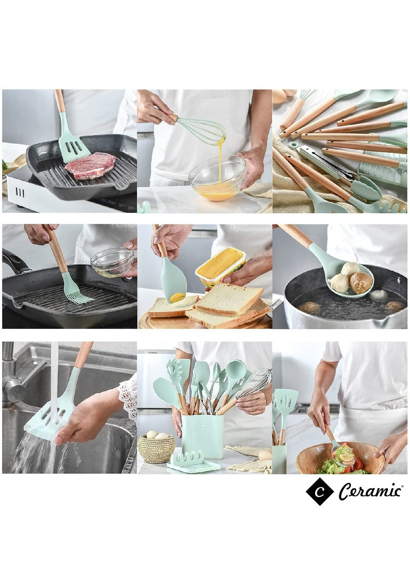 CERAMIC - Kitchen Utensils Set of 19 Silicone Cooking Utensils with Holder Non stick Cookware Friendly And Heat Resistant Light Green - Image 1
