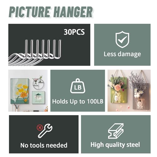 FURHUA 20pcs Super Hook Picture Hangers and Office Pack, Drywall Hooks for Hanging Pictures, Wall Hooks, Picture Hangers, Picture Hanging Kit，Hang Art, Clock, Shelves, Mirrors - Image 3
