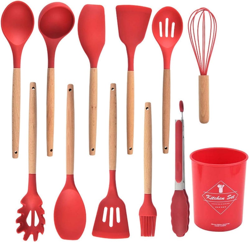 SHOPOBOX Silicone Spatula Set, Heat-Resistant Silicone Kitchenware, Kitchen Baking Cooking Utensils Sets and Supplies for Home Cooking, Spatulas for Nonstick Cookware (12pc RED) - Image 1