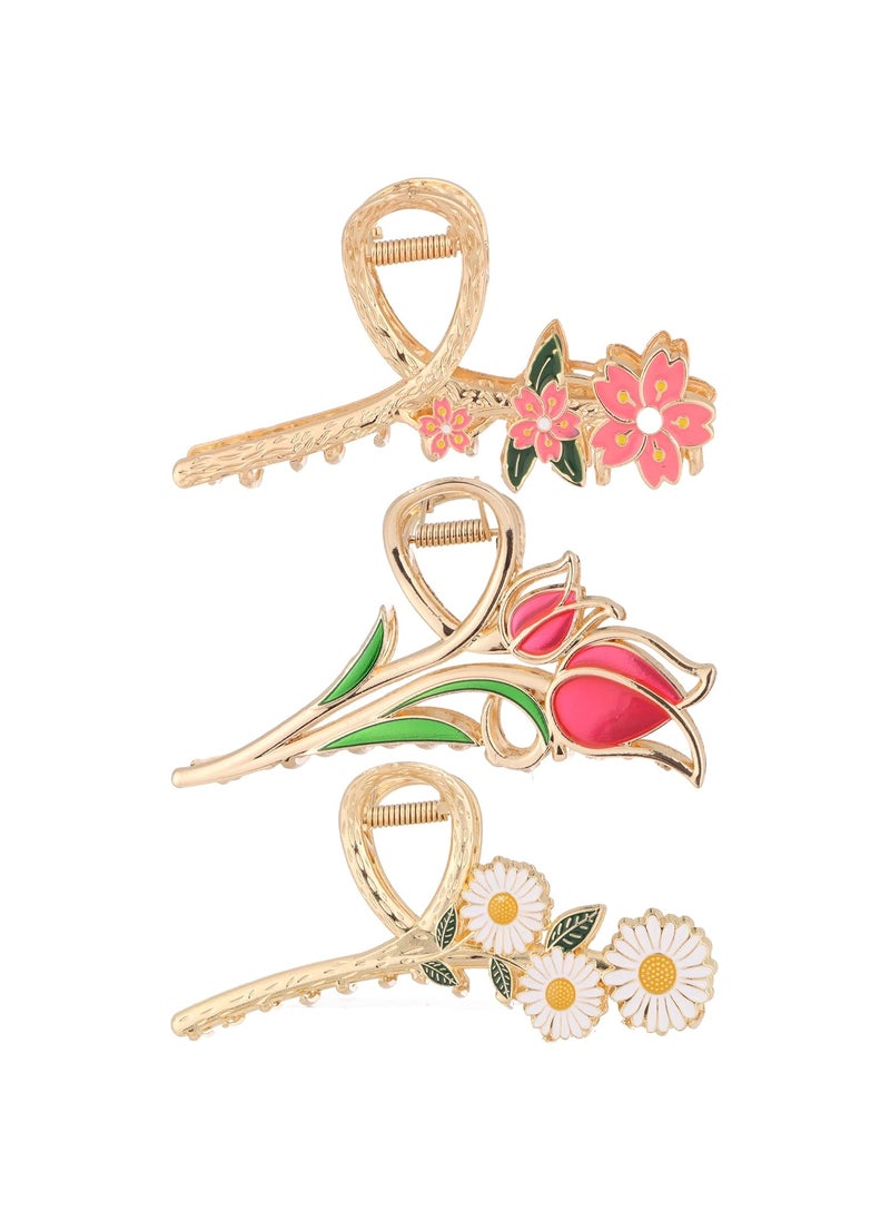 DSLONG - DSLONG 3PCS Flower Metal Hair Claw Clips For Women Nonslip Strong Metal Large Hair Claw Clips Fancy Hair Clips Fashion Hair Accessories For Women  Girls flower set 2 - Image 1