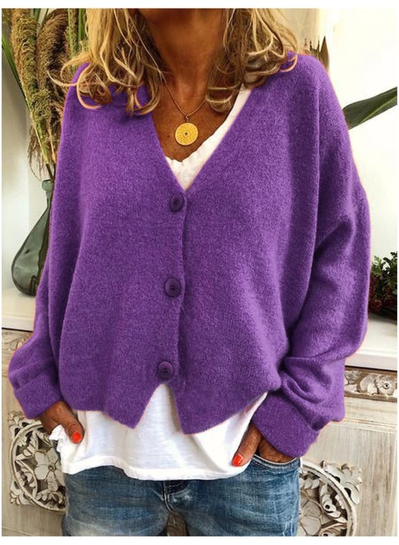 NIBEMINENT Women's Autumn Winter Cardigan Sweater V-neck Solid Color Casual Loose Sweater Knitted Cardigan - Image 1