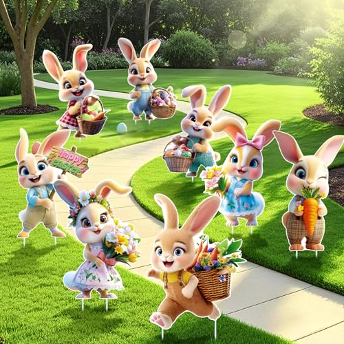 Uranus&No.1 8 PCS Easter Yard Decorations Outdoor, Outside Decoration for Yard, Waterproof Bunny Decorations, Cute 3D Plastic Rabbit Yard Signs with Stakes, Easter Lawn Ornaments for Garden Lawn Patio Home Decor - Image 4