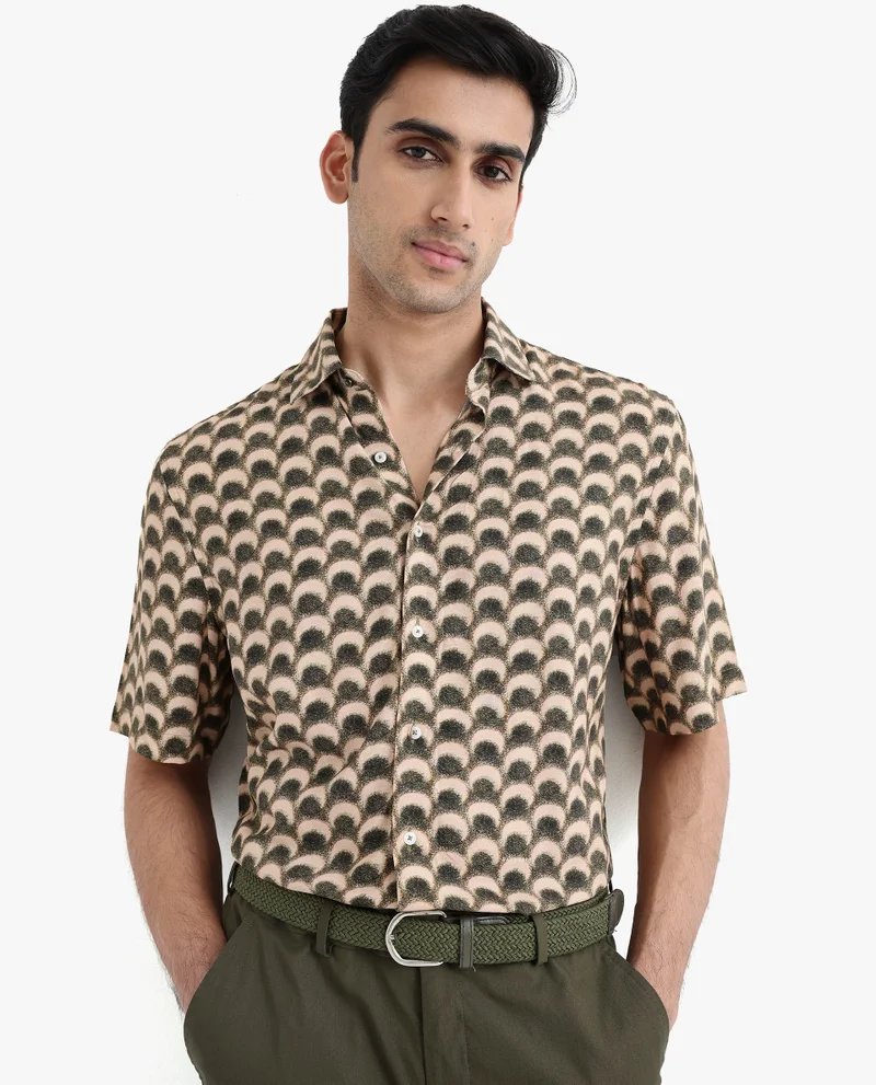 Rare Rabbit Rare Rabbit Men's Tokai Brown Viscose Fabric Short Sleeves Regular Fit Geometric Print Shirt