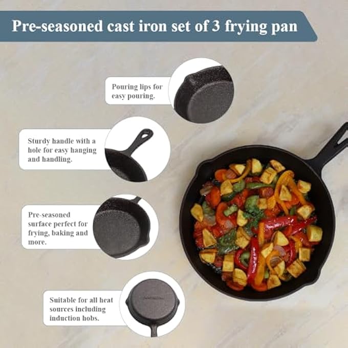 Buckingham Cast Iron PreSeasoned Set Of 3 Frying Pan  Skillet 16 Cm  20 Cm  25 Cm For Safe Cookware Indoor  Outdoor Healthy Cooking  Premium Quality - Image 5