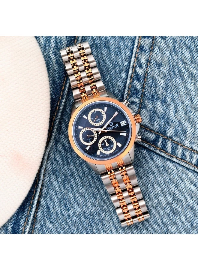 Sveston Luxury Men’s Quartz Watch | Two-Tone Gold & Silver Stainless Steel Bracelet | Deep Blue Chronograph-Style Dial with Date Display - Image 2