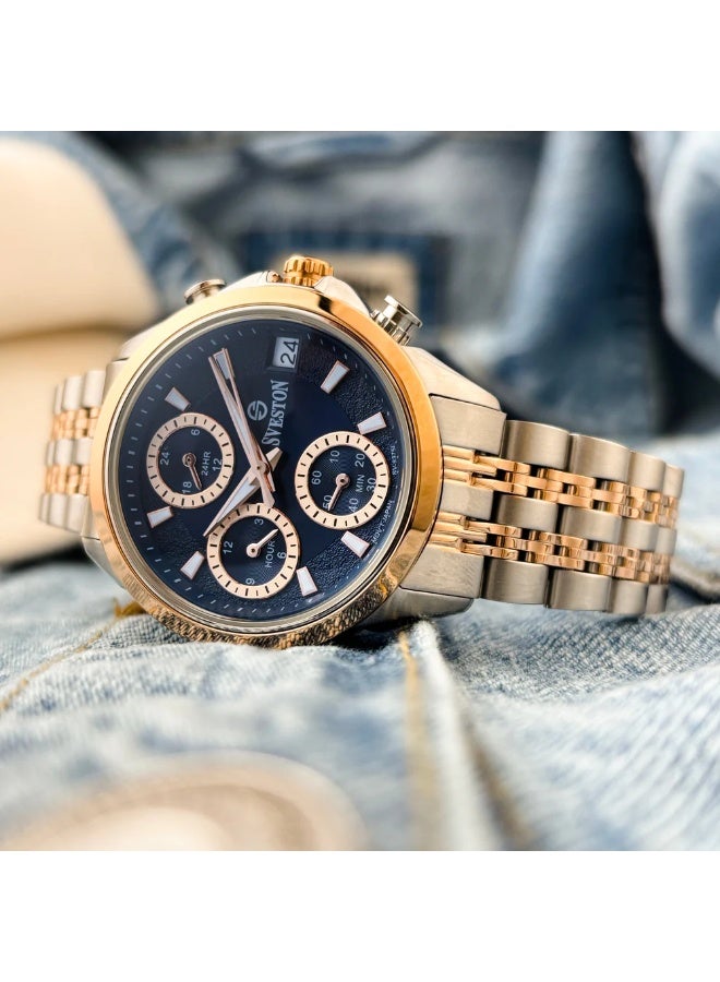 Sveston Luxury Men’s Quartz Watch | Two-Tone Gold & Silver Stainless Steel Bracelet | Deep Blue Chronograph-Style Dial with Date Display - Image 1