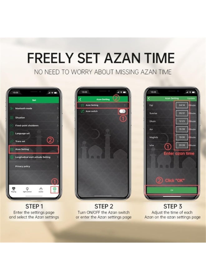 Equantu Azan Speaker SQ-122, Bluetooth Quran Speaker Support MP3 Player Rechargeable Smart Touch LED Lamp Muslim Quran Speaker Azan Audio Device With Remote Control 14 Languages 18 Reciters - Image 5