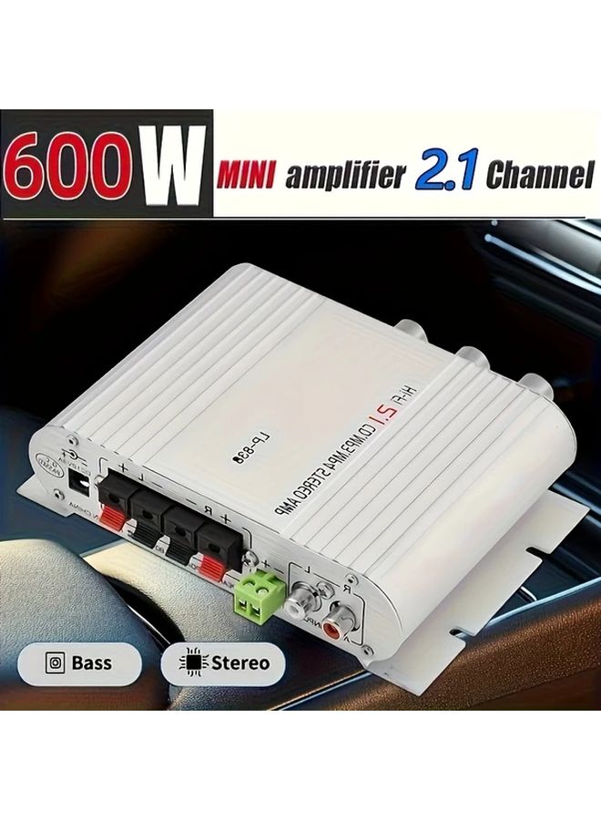 Silvery 600W Car Audio Power Amplifier 2.1 Channel Hifi Stereo With Bass Enhancement Treble Control - Image 1
