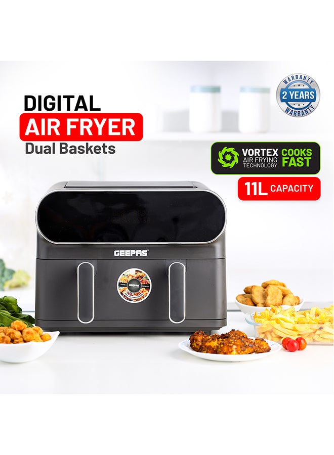 GEEPAS Digital Air Fryer- GAF37532| 11 L Capacity with 5.5 L Dual Baskets with Separator| With VORTEX Air Frying Technology| Digital Display, Multiple Function, Dehydrate, Keep Warm, Broil, others, 1-60 Min Timer| Ideal for Fries, Steak, Chicken, Cake, Meat, Bread| 2 Years Warranty, Metallic grey 11 L 1700 W GAF37532 Grey - Image 1
