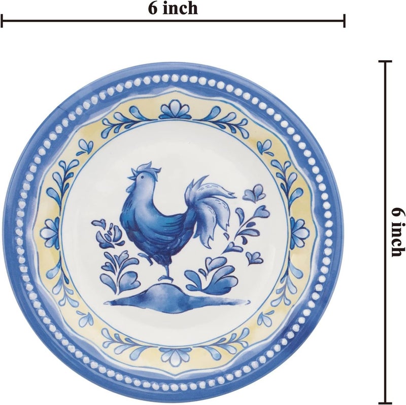 UP UPware Blue Rooster Melamine Round Dessert Plates Small Serving Plates for Appetizer Snacks and Side Dishes Blue 6 Inch Set of 4 - Image 2