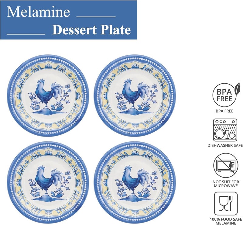 UP UPware Blue Rooster Melamine Round Dessert Plates Small Serving Plates for Appetizer Snacks and Side Dishes Blue 6 Inch Set of 4 - Image 4