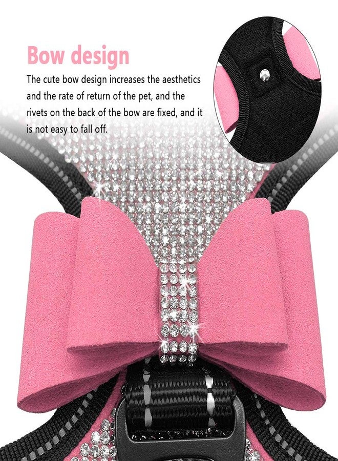 Beirui Soft Fleece Padded Dog Harness for Small Medium Dogs - Cute Rhinestone Dog Vest Harness with Sparkly Bow Tie - Reflective Safety Pet Puppy Harness for Walking and Party (Pink,S:Chest 11-14") - Image 2