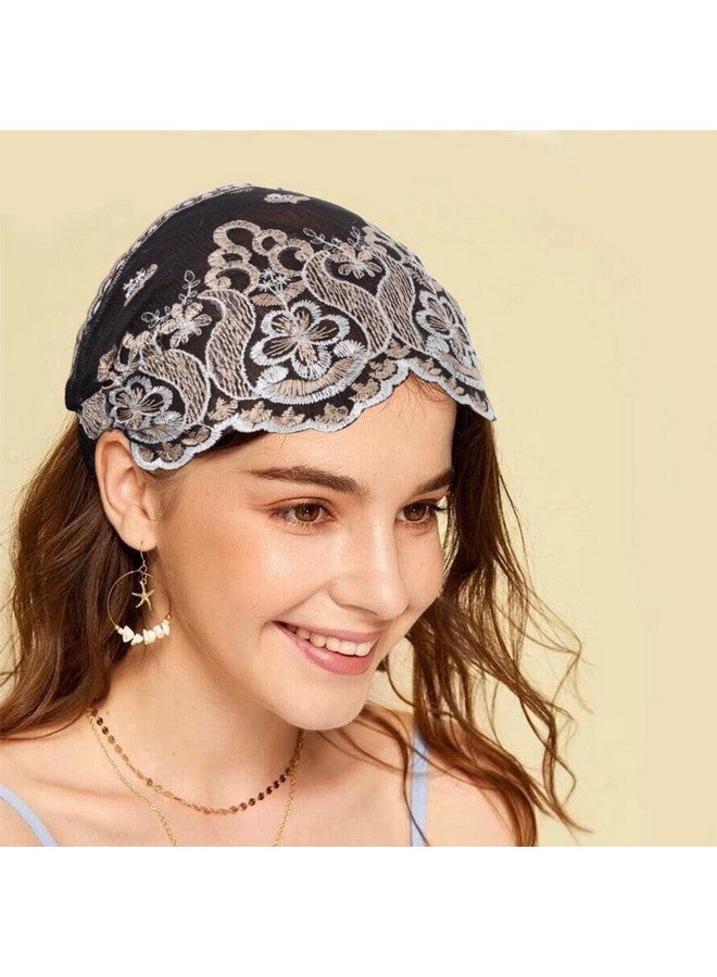 Urieo Wide Headbands Black Flower Embroidery Hairbands Workout Stretch Vintage Hair Band Accessories For Women Pack Of 3 - Image 3