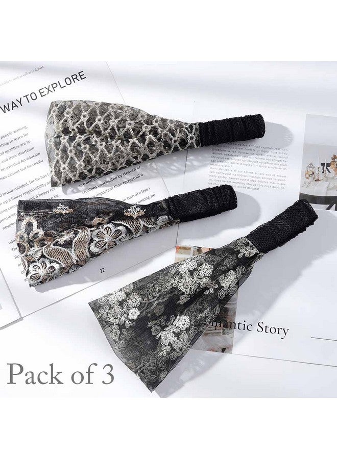 Urieo Wide Headbands Black Flower Embroidery Hairbands Workout Stretch Vintage Hair Band Accessories For Women Pack Of 3 - Image 2