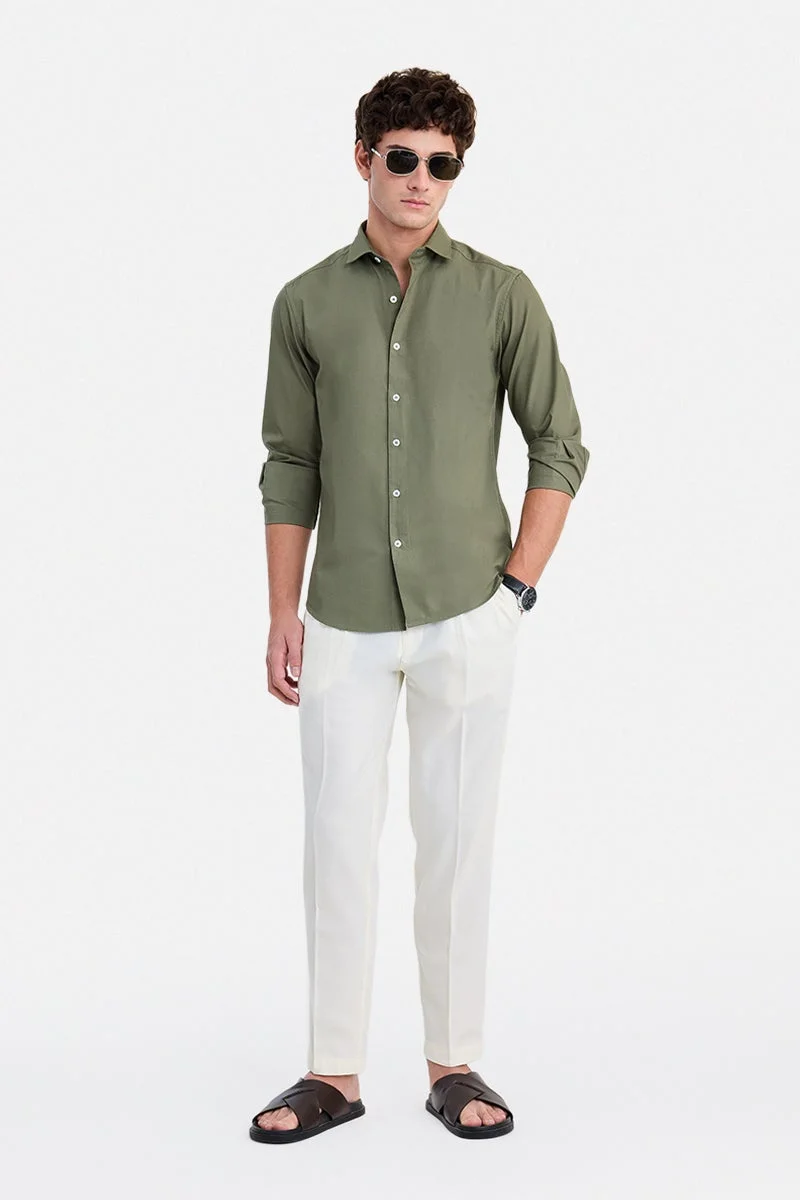 سنيتش Olive Solid Long Sleeve Slim Fit Party Shirt