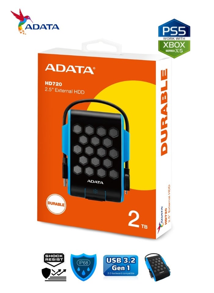 ADATA - HD720 Pro DURABLE 2TB External HDD | Fast Data IP68 Anti-Shock Hard Drive | Compatible with PS5 XBOX | Shockproof Waterproof | Blue - Image 1