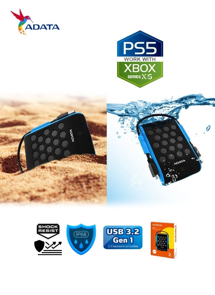 ADATA - HD720 Pro DURABLE 2TB External HDD | Fast Data IP68 Anti-Shock Hard Drive | Compatible with PS5 XBOX | Shockproof Waterproof | Blue - Image 1
