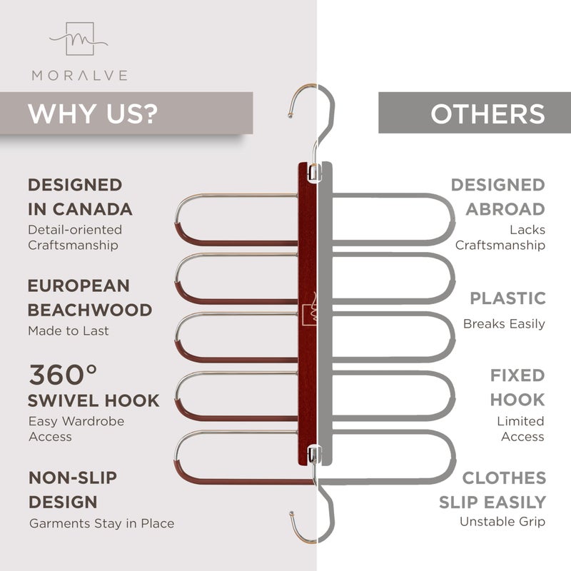 MORALVE Pants Hangers Space Saving - 2 Pack European Beechwood Scarf and Jean Hangers - Closet Organizer and Space Saver Pant Rack, Leggings Hanger, and Scarf Holder with 360Â° Swivel Hook - Image 5