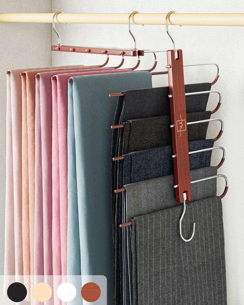 MORALVE Pants Hangers Space Saving - 2 Pack European Beechwood Scarf and Jean Hangers - Closet Organizer and Space Saver Pant Rack, Leggings Hanger, and Scarf Holder with 360Â° Swivel Hook - Image 1