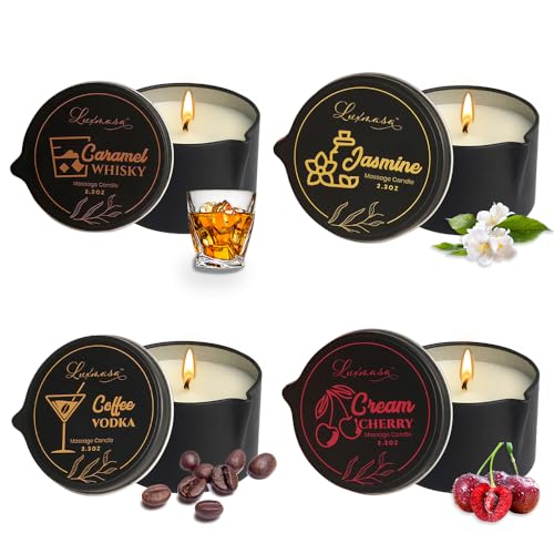 LUXMASA Soybean Wax Warm Massage Oil Candle Gift, Scented Aromatherapy Candle for Relaxing and Stress Relief 4 Pack 9.4OZ(2.35OZ*4 pcs)-Jasmine,Caramel Whisky,Coffee Vodka,Cream Cherry Scent - Image 1