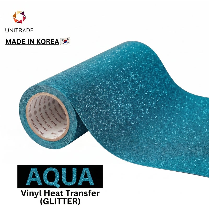 UNITRADE® Glitter Aqua Heat Transfer Vinyl Roll / Compatible with Cricut, Silhouette, Professional Cutters / CPSIA Certified / Made in Korea - Image 1