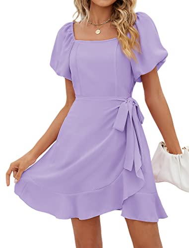 Sampeel Women Wrap Dresses Tie Waist Flowy Casual Short Sleeve Dress Homecoming L Light Purple - Image 5