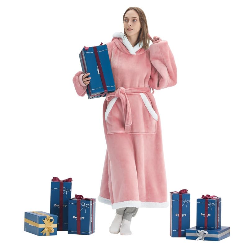 Bedsure Bedsure Wearable Blanket Hoodie Women - Long Sherpa Fleece Hooded Blanket for Teens Adult  Warm Cozy Blanket Sweatshirt with Giant Pocket and Belt  Winter Gifts for Girls  Small  Pink  - Image 1