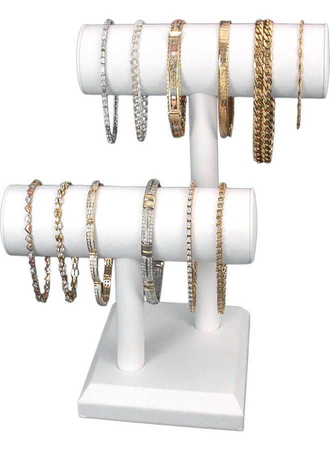 FindingKing 2 Tier White Leather T-Bar Bracelet Watch Jewelry Display Stand - Image 2