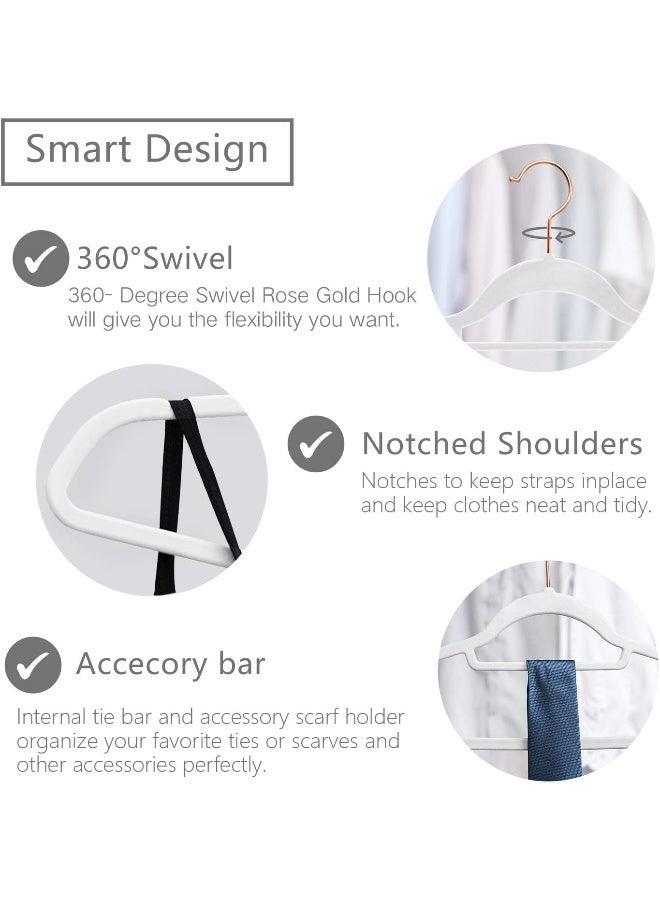 MIZGI Premium Velvet Hangers - Pack of 50 - White - Copper/Rose Gold Hooks - Non-Slip Suit Hangers, Clothes Hangers Bonus Accessory Tie Bar for Suits, Pants, Dresses - Image 3