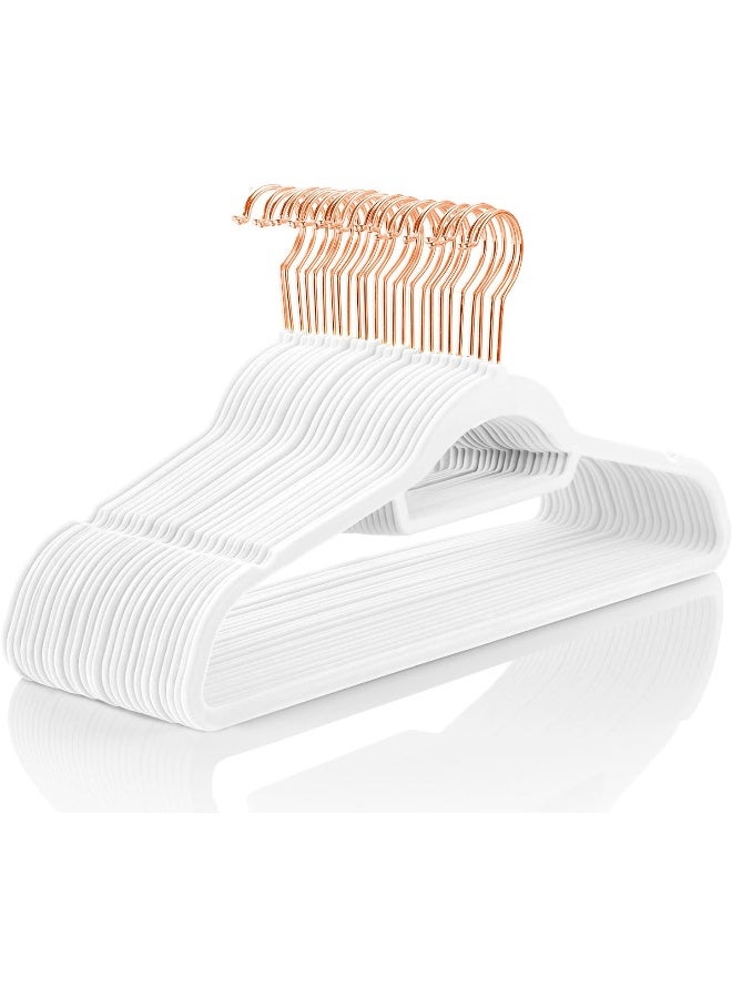 MIZGI Premium Velvet Hangers - Pack of 50 - White - Copper/Rose Gold Hooks - Non-Slip Suit Hangers, Clothes Hangers Bonus Accessory Tie Bar for Suits, Pants, Dresses - Image 1