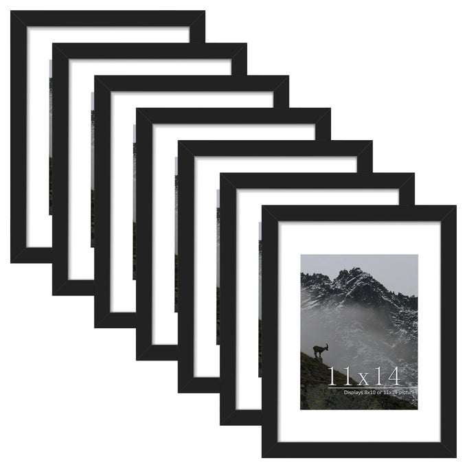 11x14 Picture Frame Set of 7 Display 8 x 10 with Mat or 11 x 14 Without Mat Photo Frames for Wall Mounting or Table Top Display Black
