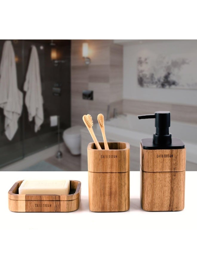 Satu Brown Bathroom Accessory Set Acacia Wood 3 Pieces Includes Bathroom Soap Dispenser Bathroom Tumbler Soap Dish Accessories for Bathroom Decor and House Warming Gift - Image 2