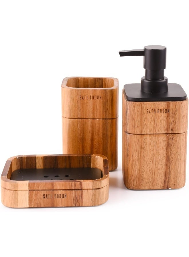 Satu Brown Bathroom Accessory Set Acacia Wood 3 Pieces Includes Bathroom Soap Dispenser Bathroom Tumbler Soap Dish Accessories for Bathroom Decor and House Warming Gift - Image 4