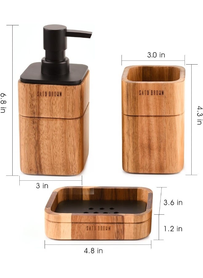 Satu Brown Bathroom Accessory Set Acacia Wood 3 Pieces Includes Bathroom Soap Dispenser Bathroom Tumbler Soap Dish Accessories for Bathroom Decor and House Warming Gift - Image 3