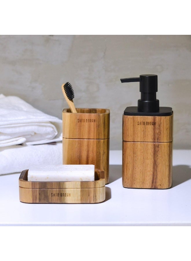 Satu Brown Bathroom Accessory Set Acacia Wood 3 Pieces Includes Bathroom Soap Dispenser Bathroom Tumbler Soap Dish Accessories for Bathroom Decor and House Warming Gift - Image 5