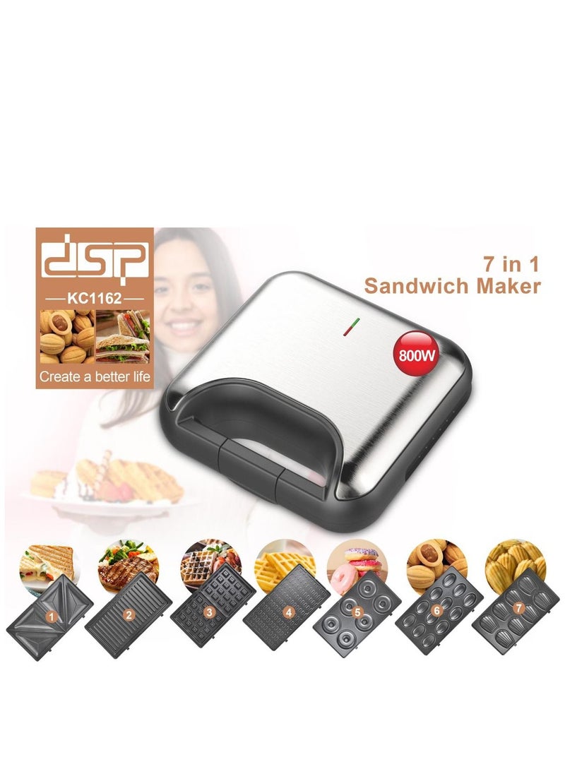 DSP DSP Sandwich Maker 7 in 1, Sandwich, Grill And Waffle Maker with Removable Plates 800W KC1162  Black  - Image 2