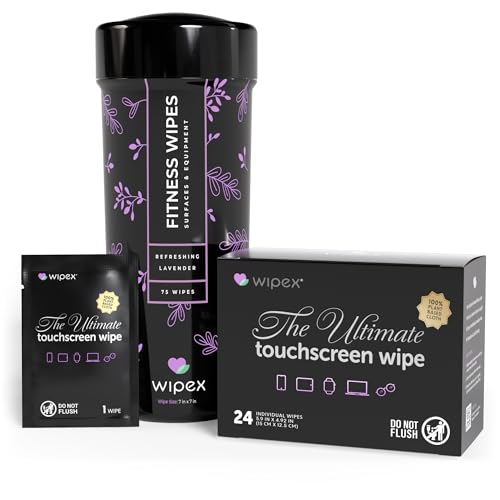 Wipex Screen Wipes & Gym Wipes Combo Pack - 75ct Gym Equipment Canister & 24ct Individually Wrapped Fitness Touch Screen Cloths, Safe for Yoga Mats & Electronics, Lavender Scent - Image 1