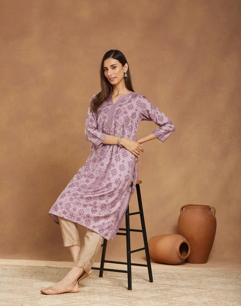 Fabindia Purple Viscose Silk Printed Long Kurta