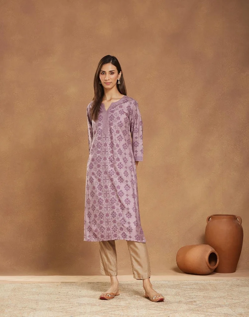 Fabindia Purple Viscose Silk Printed Long Kurta